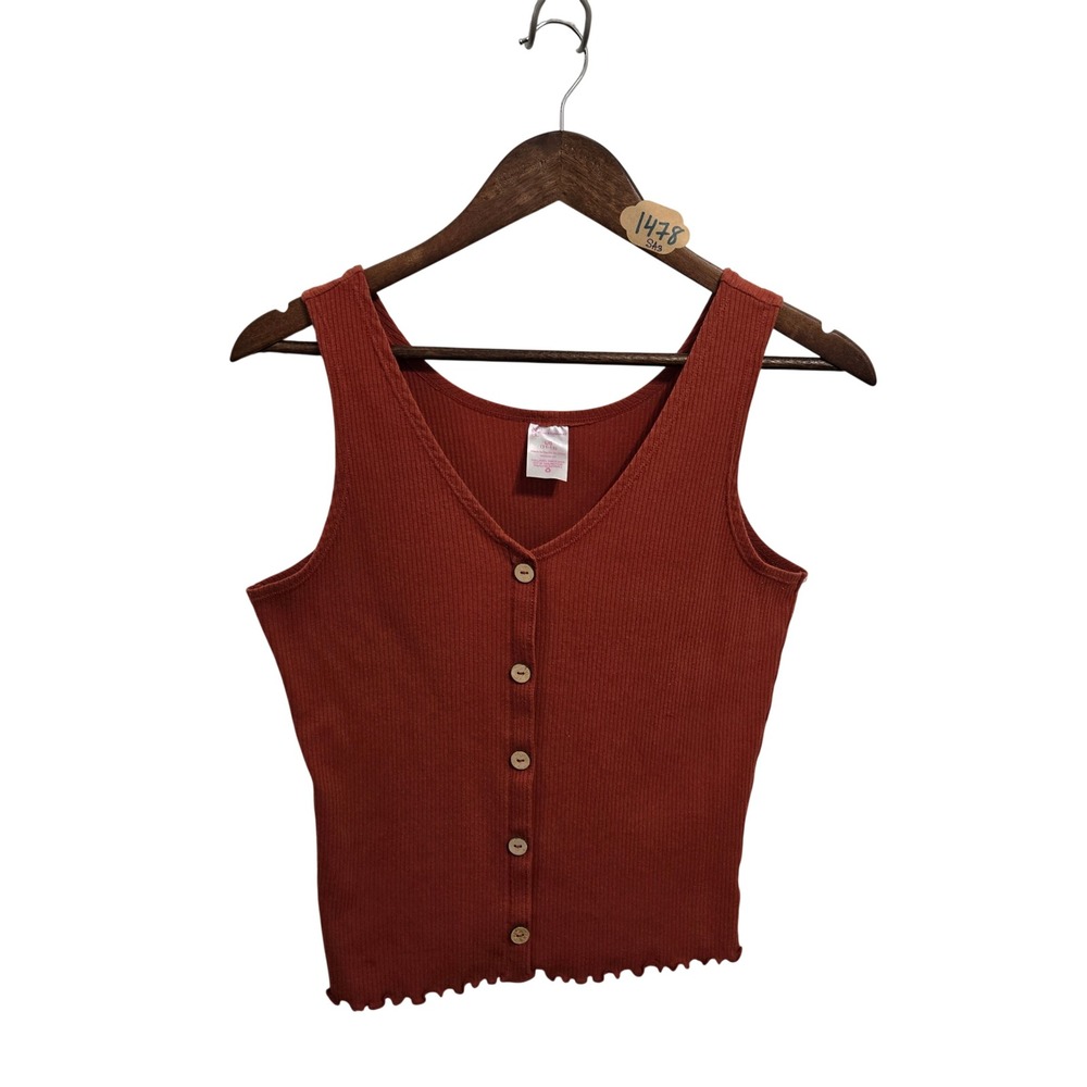 No Boundaries Womens Rust Orange Ribbed‎ Button Front Lettuce Edge Tank L 11-13